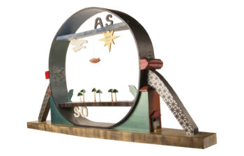 Bent plywood frame with whimsical salvaged design elements