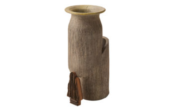 Additional View of Segmented stoneware vase, vertically textured, with salvaged pine barn wood shaped leg.