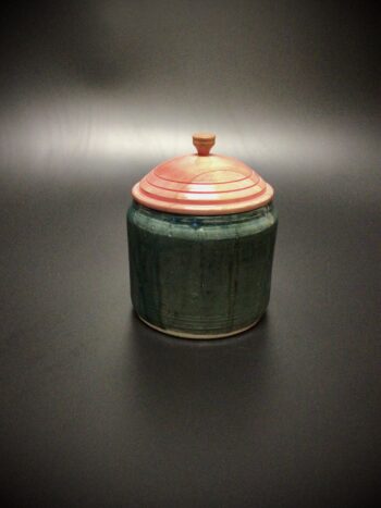 glazed mid fired ceramic jar with an acrylic latex tinted , turned maple lid and a turned hickory knob