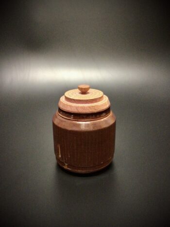 Glazed mid fired ceramic jar with an acrylic latex tinted, turned ash lid and a turned hickory knob